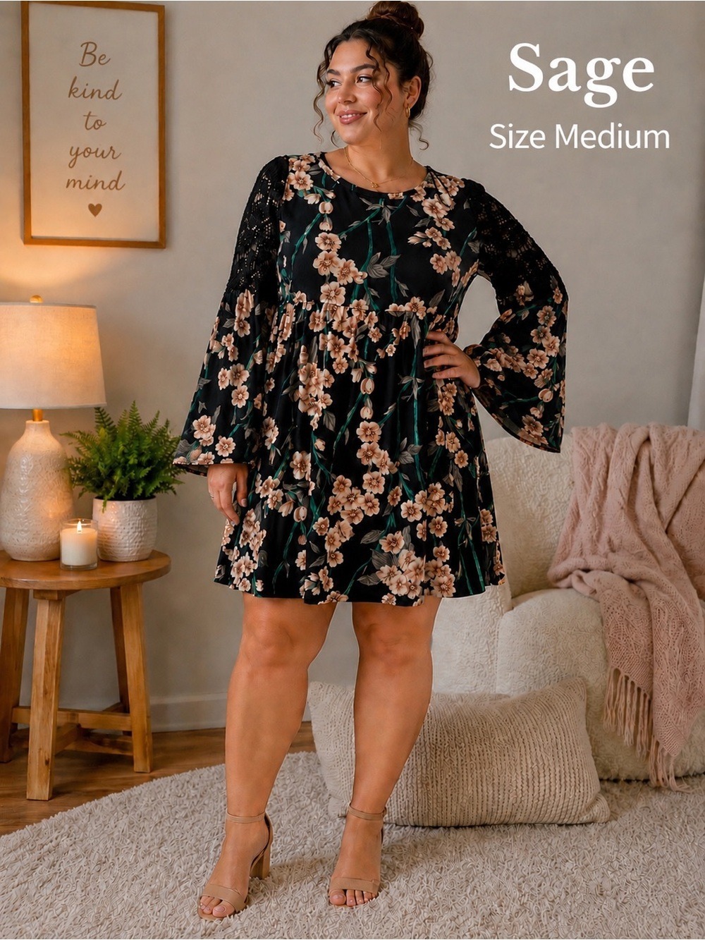 Sage Floral Lace Sleeve Dress – Size Medium – NWT